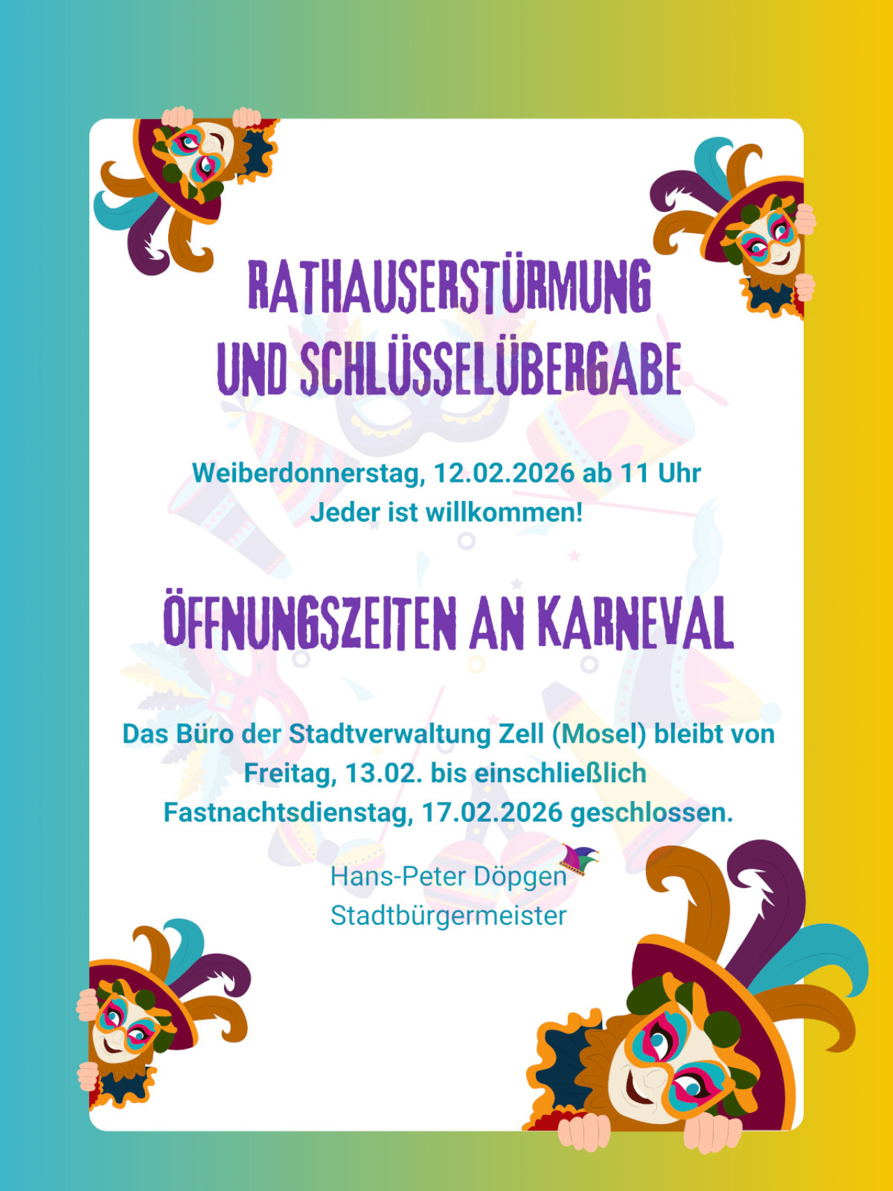 Öffnungszeiten Karneval Zeller Stadtverwaltung 2026.