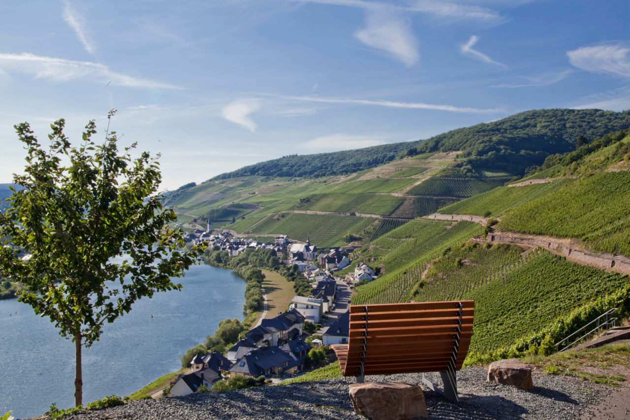 Der Aussichtspunkt Moselkino mit der Ruhebank im Vordergrund - Foto: Inge Faust.