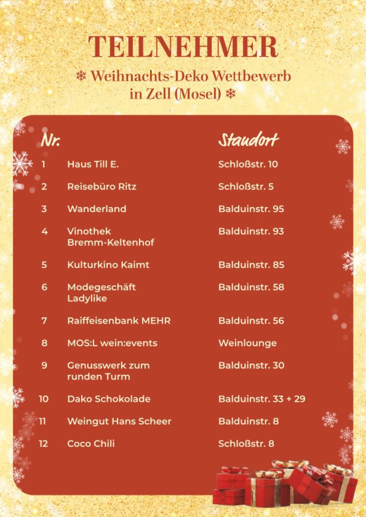 Teilnehmerliste mit Standorten beim Weihnachtsdekowettbewerb 2025 in Zell Mosel.
